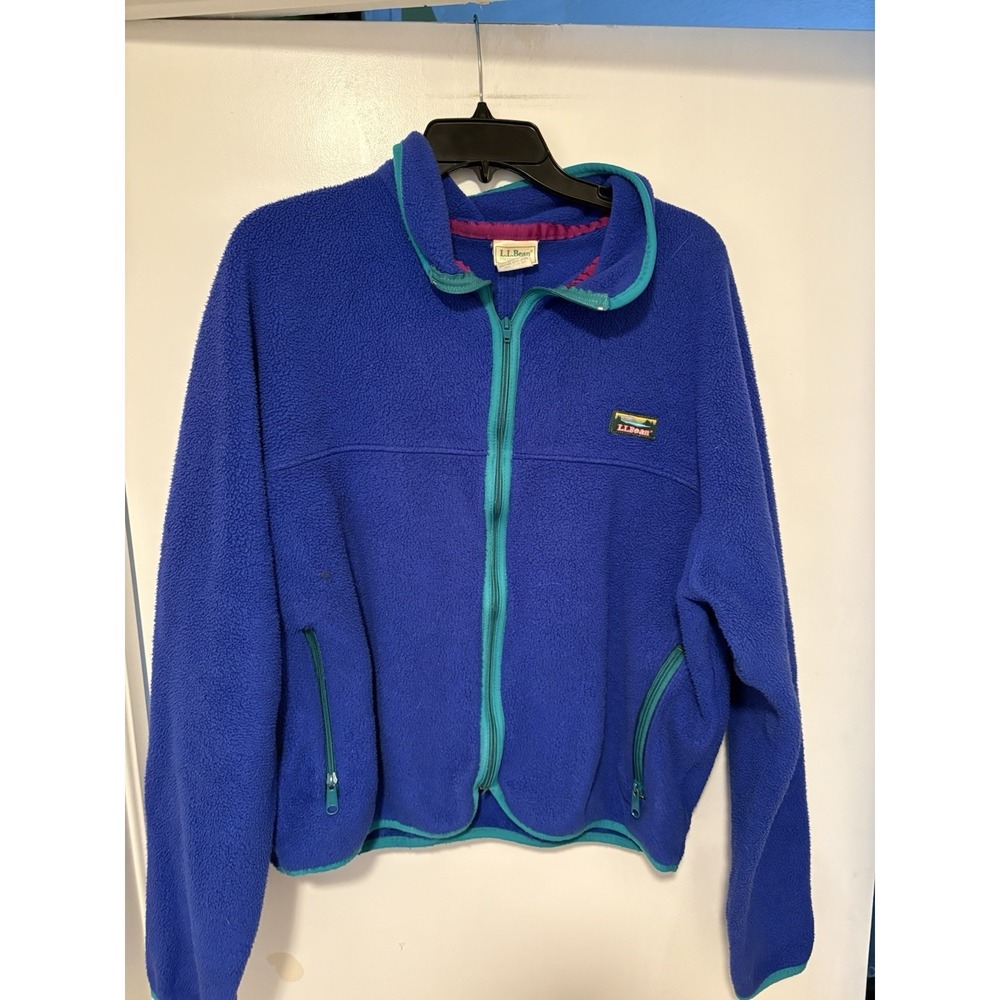 90s LL Bean Two Pocket Fleece Hiking Blue Zip Up Jacket XL Mens Vintage